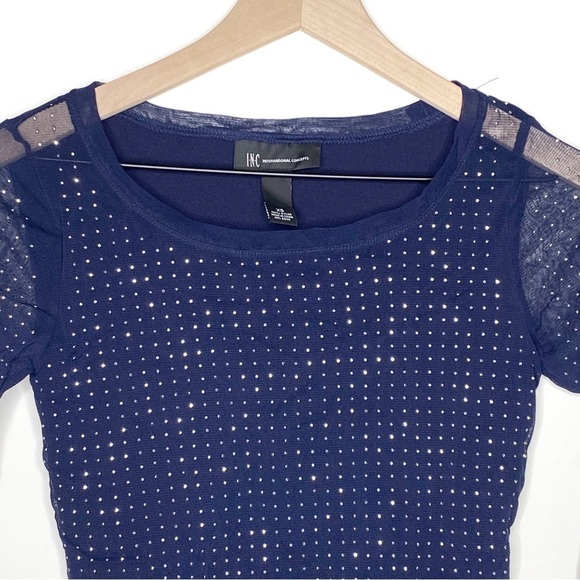 INC International Concepts Mesh Rhinestone Long Sleeve Top Navy Blue XS - Picture 2 of 5
